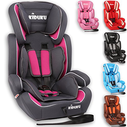 KIDUKU® Autokindersitz Kindersitz Kinderautositz, Sitzschale, universal, zugelassen nach ECE R44/04, in 6 verschiedenen Farben, 9 kg – 36 kg 1 – 12 Jahre, Gruppe 1 / 2 / 3 (Grau/Pink)
