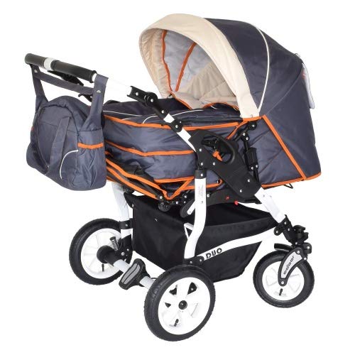 Adbor Duo 3in1 Zwillingskinderwagen mit Babyschalen – weißes Gestell, Zwillingswagen, Zwillingsbuggy Farbe Nr. 15w graphit/beige/orange