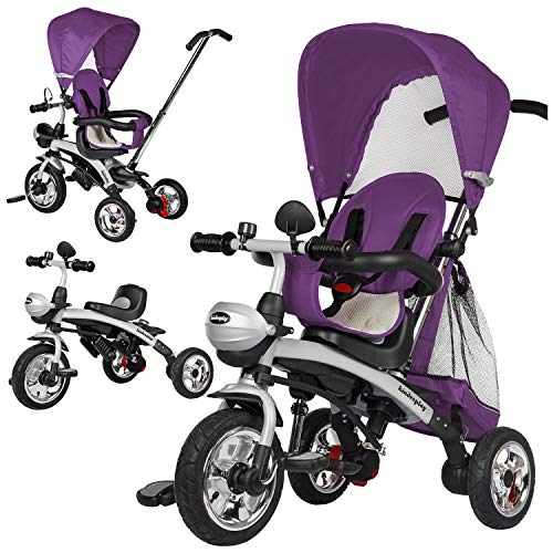 Dreirad Kinderdreirad Kinder Lenkstange Kinderdreirad mit Abnehmbarer Sonnendach Fahrrad Kinderwagen Baby (KP0566VIO)