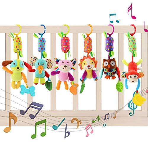 YIKANWEN Baby Kinderwagen Spielzeug , 6 Teile Plüschtier mit Glöckchen, Rassel-Figuren zum Aufhängen für Bettchen, Wiege oder Autositz , Lernspielzeug für Neugeborene und Kleinkinder