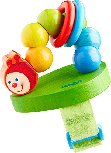 HABA 305106 – Buggy-Spielfigur Raupe, Kinderwagen-Spielzeug aus Holz mit Klappereffekt, flexible Befestigung per Klettverschluss, Babyspielzeug ab 12 Monaten