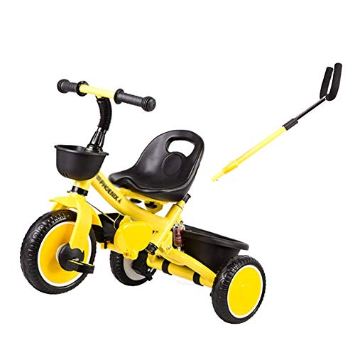 XiYou Dreirad Kinderwagen mit Aufbewahrungsbehälter – Trike On Ride 3-in-1 Faltbarer Lenker-Kinderwagen, Verstellbarer Sitz und Pedal – Gelb (Gelb)
