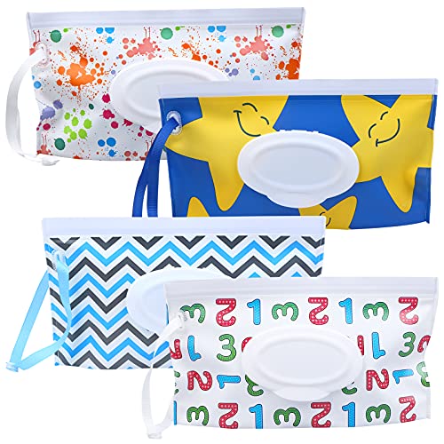 FADACAI 4 Stücke Wiederverwendbare Wet Wipe Pounch Reisebehälter für Baby-Feuchttücher, Feuchttücher-Tasche Tragbare Nachfüllbare Reinigungstücher Feuchttücher Spender für Babys (Stil 6)