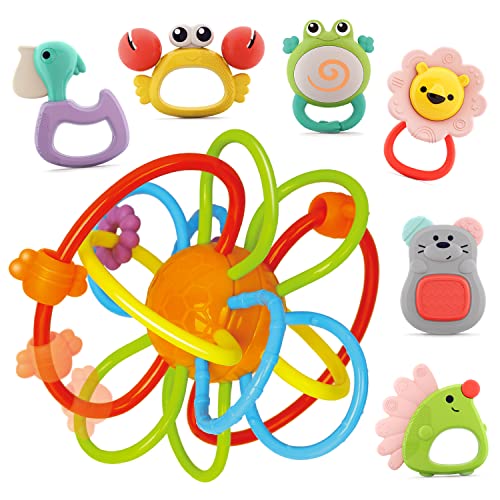 Nene Toys Set von 7 bunten Rasseln und Beißringen für Neugeborene – Sensorik-Spielzeug für Babys von 3-12 Monaten – enthält 1 Premium-Beißring und 6 BPA-freie lustige Tiere