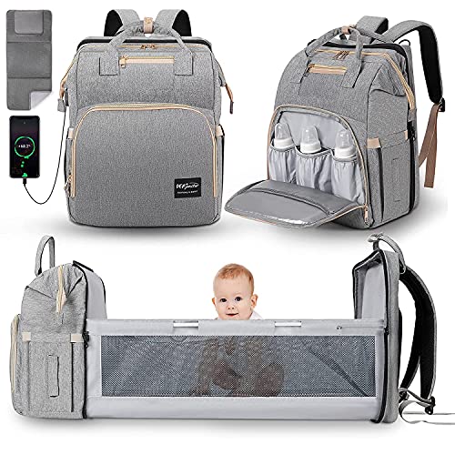 JUNSTAR Baby Wickelrucksack Wickeltasche mit Wickelauflage, Babytasche Große Kapazität Baby Reisetasche mit 1 hautfreundlichen Wickelunterlagen für Neugeborene, USB-Anschluss , GRAU