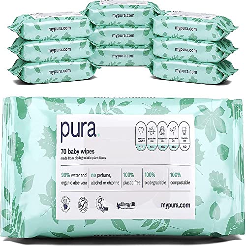 Pura | Babytücher (10 Packungen mit je 70 Tüchern), 100 % plastikfrei, biologisch abbaubar, aus 99 % Wasser und Bio-Aloe Vera, vegan, geeignet für empfindliche und ekzemanfällige Haut