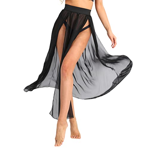 TiaoBug Damen Strandkleid Bikini Cover up Sommer Bikini Kleid Damen Pareos & Strandkleider Durchsichtig Chiffon Strandrock lang mit Schlitz Schwarz XL